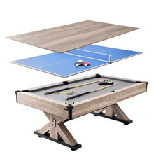 7ft 3-in-1 Pool Dining Tennis Table – Wood Finish Grey Cloth for Family Game Room Kids Adults