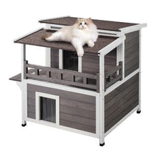Weatherproof 2-Story Outdoor Cat House with Balcony PVC Door Flaps Open Roof 30"L x 30"W x 32"H