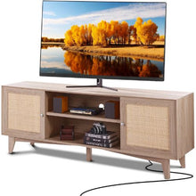 Boho Rattan TV Stand Mid Century TV Cabinet for 75 Inch TV with Built-in Socket USB Ports & Adjustable Shelves (Oak)