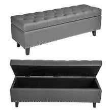 Gray Button-Tufted Storage Ottoman Bench PU Leather Solid Wood Legs