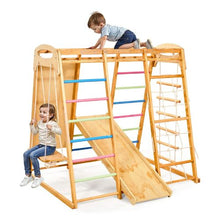 7-in-1 Wooden Indoor Playground Gym, Montessori Climbing Playset with Swing, Slide & More