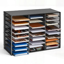 27 Compartments Metal Literature Organizer with Wooden Top Countertop Office Home Storage Organizer for File (Black)
