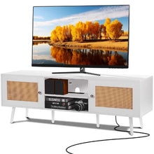 Rattan TV Cabinet for 65 Inch TV Boho Entertainment Center with Built-in Socket USB Ports & Storage (White)
