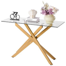 45 Inch Glass Coffee Table – Modern Gold Rectangle Table with Cross Iron Legs