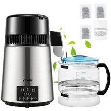 1.1 Gal Water Distiller 0.3 Gal/H 750W 304 Stainless Steel Countertop Maker Dual Temp Display Glass Carafe & 3 Carbon Packs - (Silver)