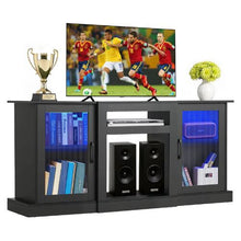 65In TV Stand with Light Strip Wooden Cabinet with Glass Doors and Adjustable Shelves for Living Room & Bedroom (Black)