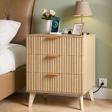 Fluted Nightstand with Charging Station 3-Drawer Mid-Century Modern Bedside Table (Khaki)