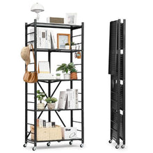 5-Tier Foldable Metal Storage Shelf with Wheels & Hooks No Assembly Shelving Unit for Pantry Kitchen Garage (Black)