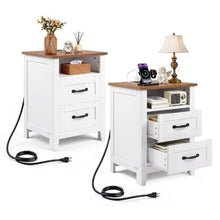 White Farmhouse Nightstands Set of 2 End Tables with Charging Station USB Ports 2 Drawers & Open Shelf