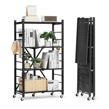 4-Tier Foldable Storage Shelf 26 x 13 x 46 Inch Metal Shelving Unit with Wheels & Hooks No Assembly (Black)