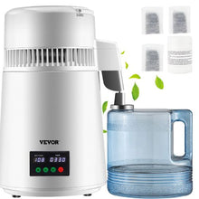 1.1 Gal Water Distiller 750W 0.3 Gal/H Stainless Steel Countertop Maker with Timer Temp Display Plastic Carafe Cleaning Powder & 3 Carbon Packs - White