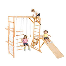 8-in-1 Wooden Indoor Jungle Gym, Montessori Playset with Slide, Swing, Monkey Bar & More for Kids