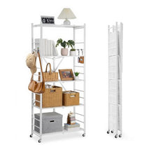 5-Tier Foldable Storage Shelf 32 x 14 x 72 Inch Metal Shelving Unit with Wheels & Hooks No Assembly (White)