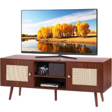 55 Inch Rattan TV Stand Cabinet with Adjustable Shelves for Living Room Console (Walnut)