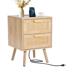 Rattan Nightstand with 2 Drawers & Charging Station