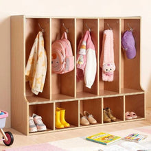 Wooden Kids Coat Locker with 10 Hooks & Storage Cubbies Natural