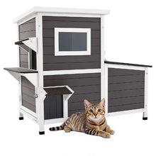 2-Story Outdoor Cat House for 3 Cats Elevated Feral Shelter with Stairs Clear Window & Flap Doors Waterproof 42" x 25" x 34"