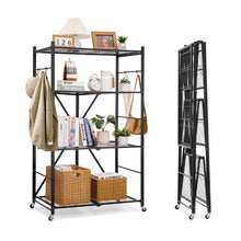 4-Tier Foldable Storage Shelf with Wheels & Hooks (Black)