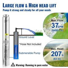 37GPM, 207ft Head, 230V, 4" Stainless Steel, 33ft Cord, IP68 1HP Deep Well Submersible Pump  for Home, Irrigation & Industrial Use