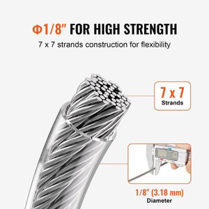 1/8 Inch 7x7 Strand T304 Stainless Steel Braided Aircraft Cable 100FT With 59 Accessories
