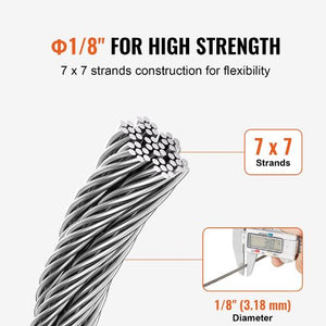 1/8 Inch 7x7 Strand T316 Stainless Steel Braided Aircraft Cable 100FT With Accessories