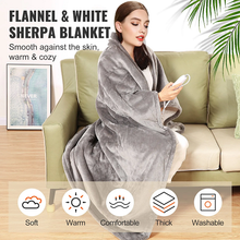 50" x 60" Electric Heated Throw Blanket Twin, Flannel & Sherpa, 5 Heat Levels, 3-Hour Auto-Off, Machine Washable, ETL/FCC Certified, Grey