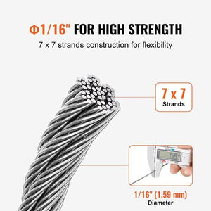 1/16 Inch 7x7 Strand T304 Stainless Steel Braided Aircraft Cable 66FT With Accessories