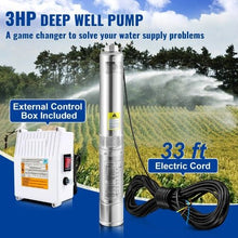 230V 3HP Deep Well Submersible Pump – 37GPM, 640ft Head, 33ft Cord, 4" Stainless Steel, IP68 with Control Box
