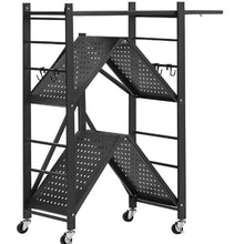 3-Tier Foldable Storage Shelf 30 x 13 x 36 Inch Metal Shelving Unit with Wheels & Hooks No Assembly (Black)