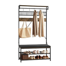 72" Hall Tree Coat Rack with Shoe Bench – 2-Tier Shoe Rack Hooks Hanging Rod & Wire Shelf Steel Frame Organizer for Bedroom Closet