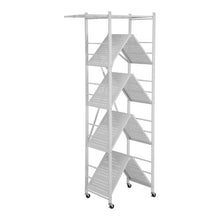 5-Tier Foldable Storage Shelf 32 x 14 x 72 Inch Metal Shelving Unit with Wheels & Hooks No Assembly (White)