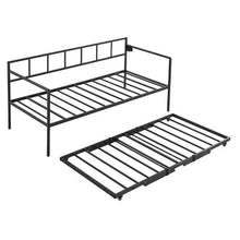 Twin Metal Daybed with Pop-Up Trundle Charging Station LED Lights Height Adjustable Lockable Casters (Black)