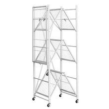 4-Tier Foldable Metal Storage Shelf with Wheels & Hooks No Assembly Shelving Unit for Pantry Kitchen Garage (White)