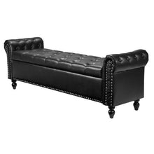 Button-Tufted PU Leather Storage Ottoman Bench with Rolled Arms Solid Wood Legs (Black)