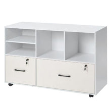 2-Drawer Wooden File Cabinet Rolling Storage with Open Shelves & Lockable Printer Stand