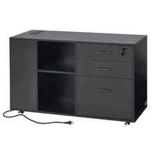 3-Drawer Wooden File Cabinet Rolling Storage with Power Strip Lock & Adjustable Shelves