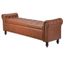 Button-Tufted Storage Ottoman Bench Brown PU Leather Rolled Arms Solid Wood Legs
