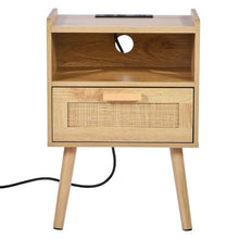 Rattan Nightstand with Drawer, Open Shelf & Charging Station