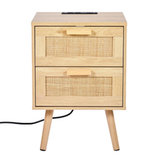 Rattan Nightstand with 2 Drawers & Charging Station