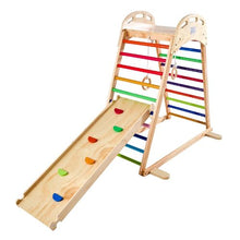 4-in-1 Wooden Indoor Jungle Gym, Montessori Playset with Climbing Rock, Slide & Gym Rings