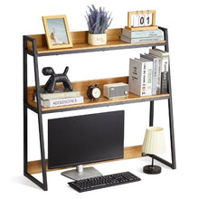 2-Tier Desktop Bookshelf Hutch Wood Color with Anti-Slip Feet (Wood Grain)