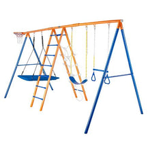 6-in-1 Backyard Swing Set 2 Swings Trapeze Bar Climbing Ladder Net Basketball Hoop 440lbs Capacity Heavy-Duty Metal for Kids 3+
