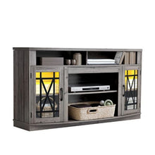 65 In TV Stand Farmhouse Entertainment Center with Light Strip Wooden Cabinet with Glass Doors and Adjustable Shelves for Home