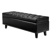  Button-Tufted PU Leather Storage Ottoman Bench with Solid Wood Legs Upholstered Shoe Bench (Black)