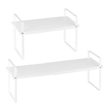 "Adjustable 2-Tier Kitchen Cabinet Shelf Organizer - Expandable Stackable Storage Riser for Pantry Bathroom & Office (White)