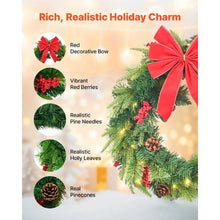 24" Pre-Lit Artificial Christmas Wreath and 50 LED Lights with Timer and Decorated
