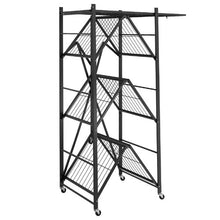 4-Tier Foldable Storage Shelf with Wheels & Hooks (Black)