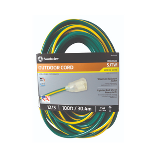100 ft. 12/3 SJTW Outdoor Extension Cord w/ Light End Dark Green/Yellow 2549SW0052 (Pack of 4)