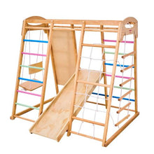 7-in-1 Wooden Indoor Playground Gym, Montessori Climbing Playset with Swing, Slide & More