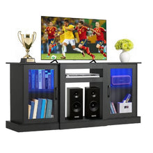 65In TV Stand with Light Strip Wooden Cabinet with Glass Doors and Adjustable Shelves for Living Room & Bedroom (Black)